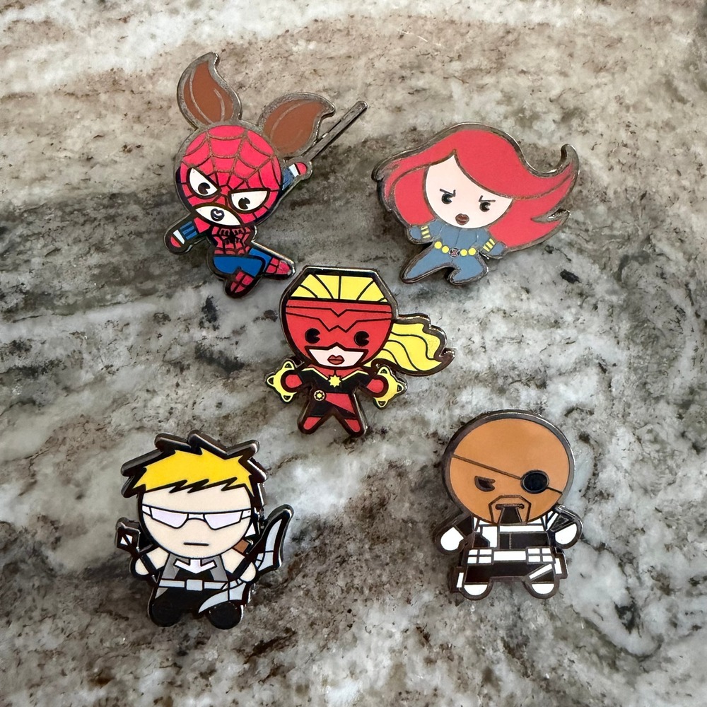 Disney Marvel Cuties Pin Lot 5 Spider-Man Widow Captain Marvel Hawkeye Fury